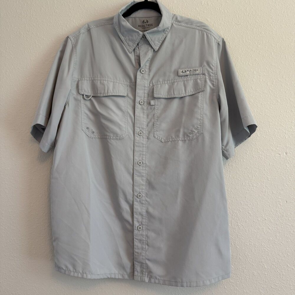 Realtree Fishing Shirt Mens Medium Gray Vented Outdoor Coastal Short Sleeve